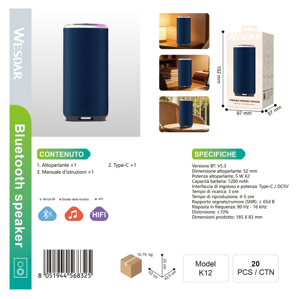 WESDAR K12 Altoparlante Bluetooth