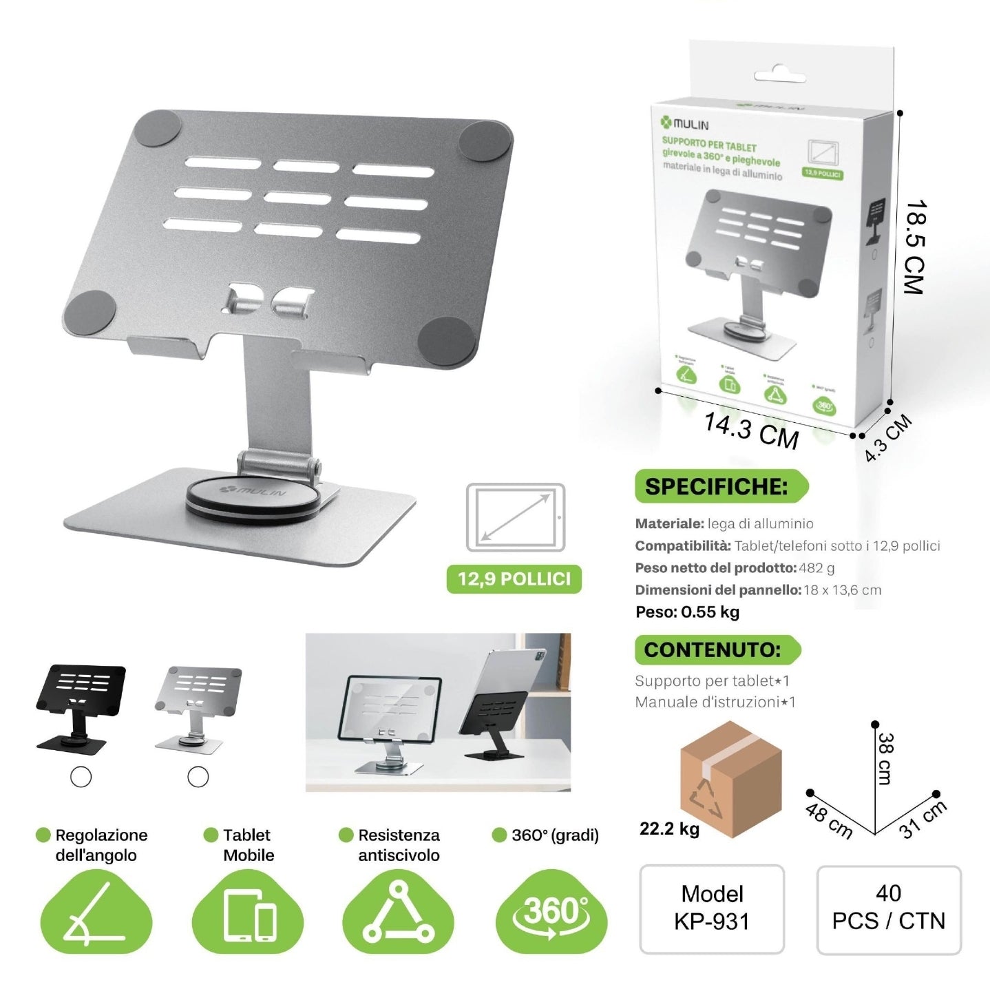 KP-931 Supporto di Tablet a Lega di Alluminio, Girevole 360° e Pieghevole