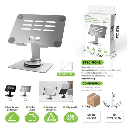 KP-931 Supporto di Tablet a Lega di Alluminio, Girevole 360° e Pieghevole