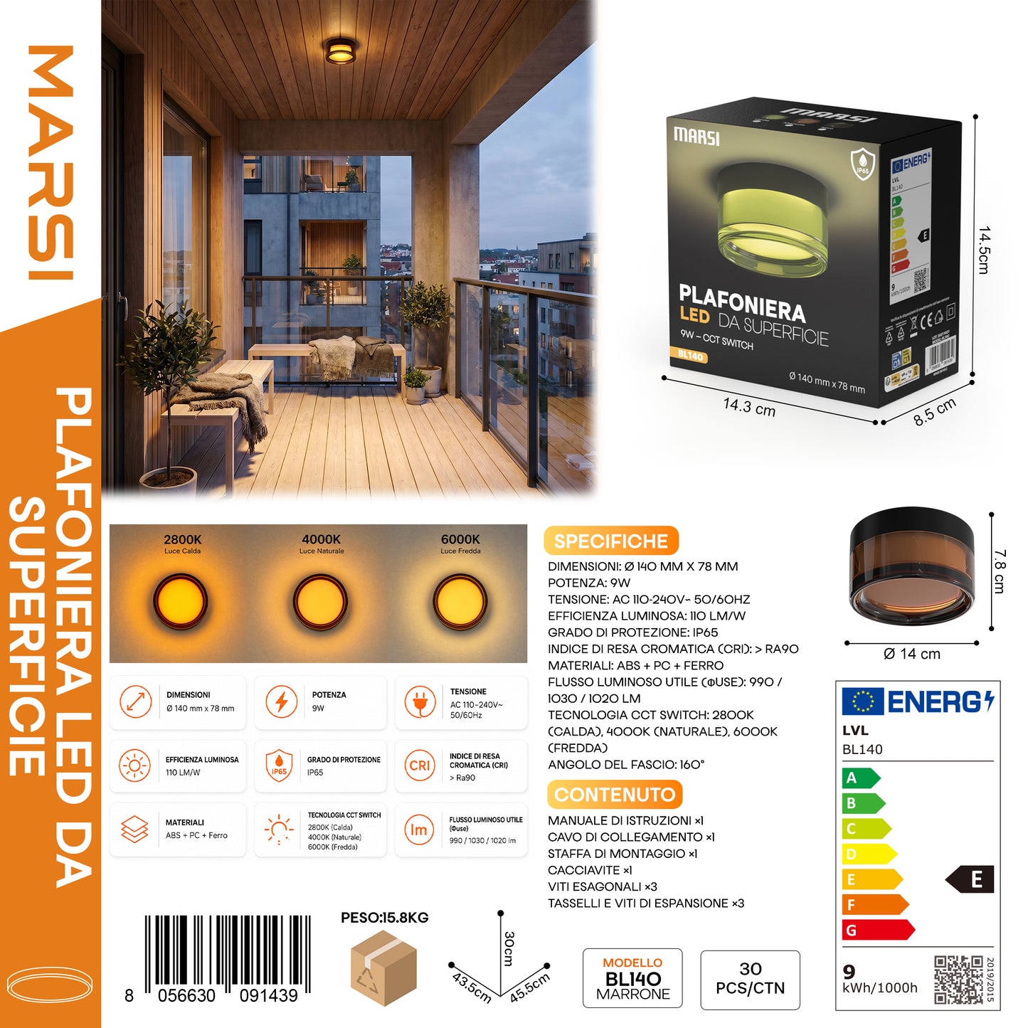 MARSI BL140 Plafoniera LED da Superfice Marrone