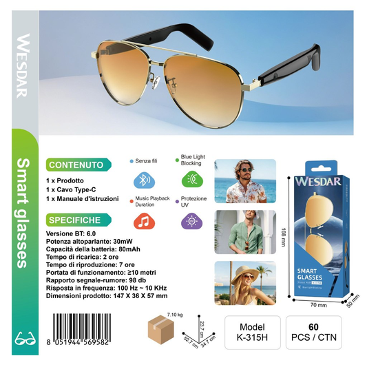 WESDAR K-315H Occhiali Smart Bluettooth (Marroncino)