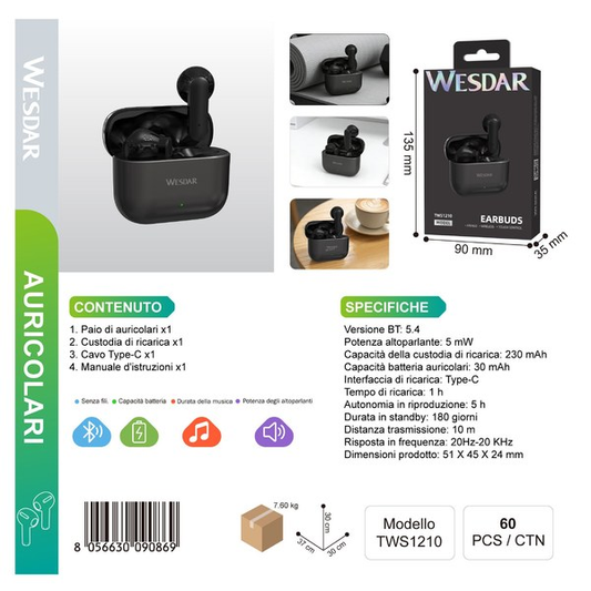WESDAR TWS1210 Auricolare Wireless Nero