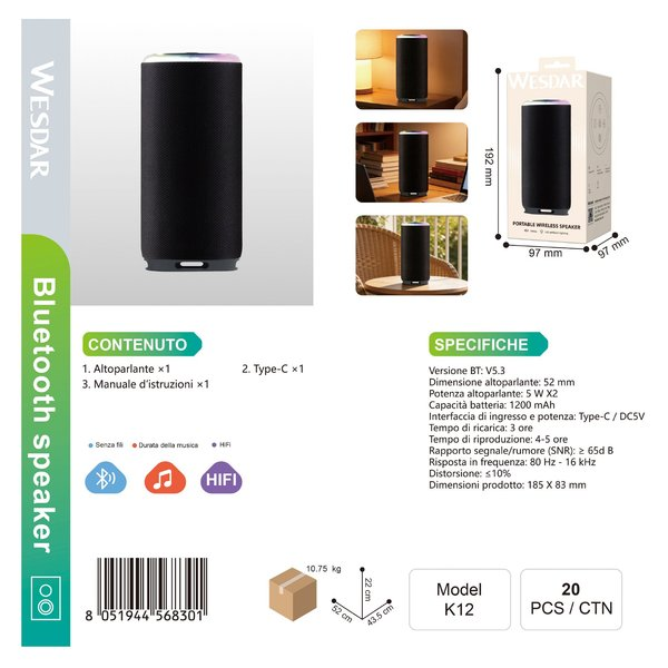 WESDAR K12 Altoparlante Bluetooth