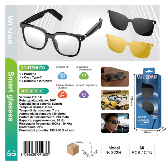 WESDAR K-322H Occhiali Bluettooth Clip con Cambio Magnetico