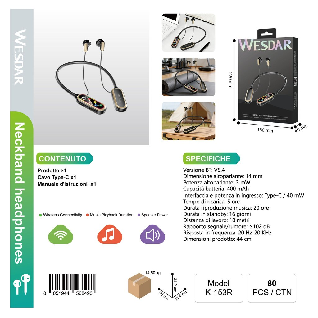 WESDAR K-153 Auricolari Sportivi da Collo (Nero)