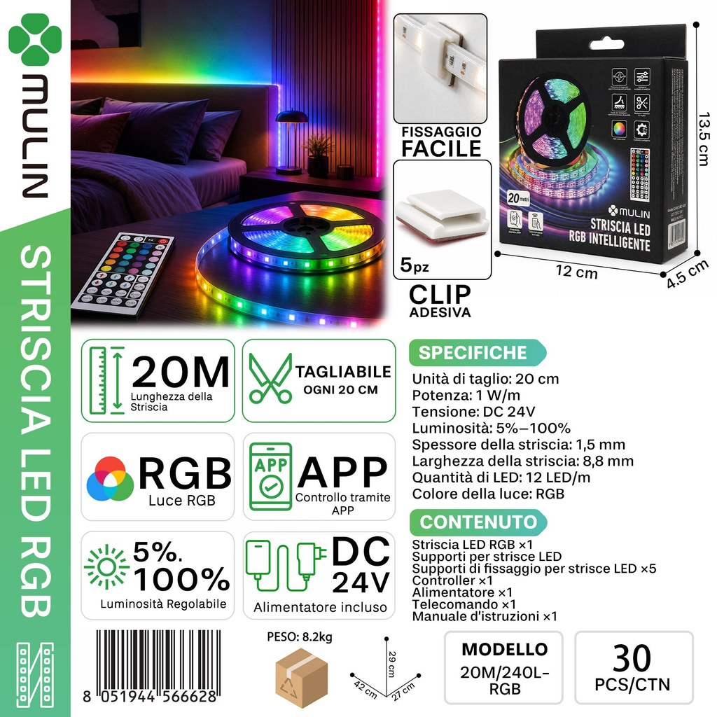 MULIN 20M/240L Striscia LED RGB Intelligente