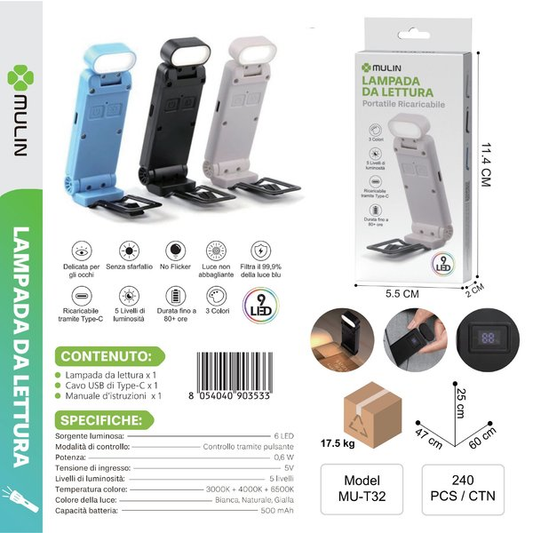 MU-T32 Lampada da Letture, Portitle e Ricaricabile