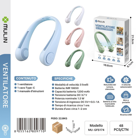 MU-GFS174 Ventilatore da Collo Portatile 1200mAh