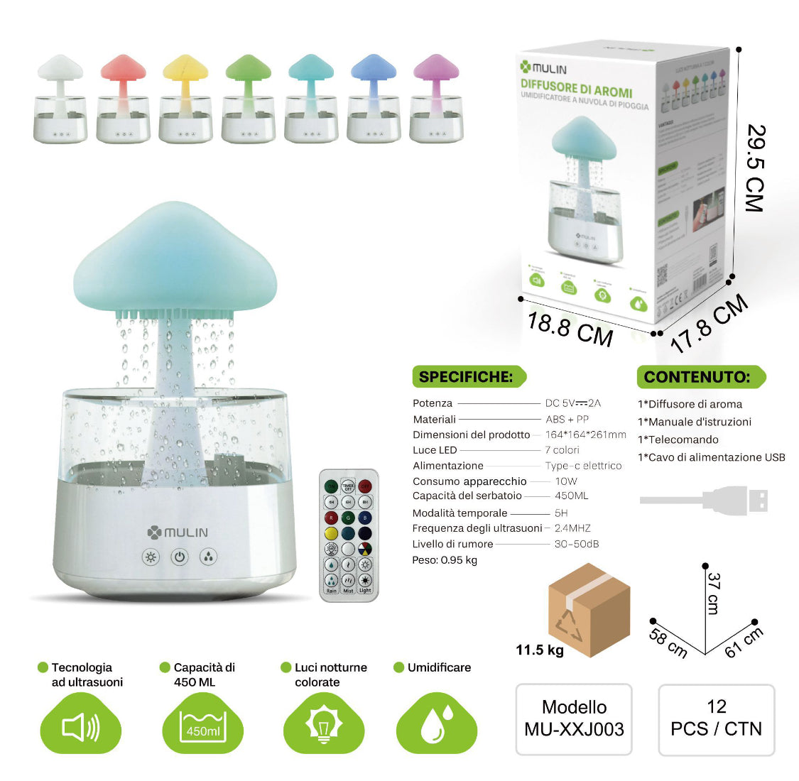 MU-XXJF003 Diffusore di Aromi a Forma di Nuvole Pioggiante RGB 450ml