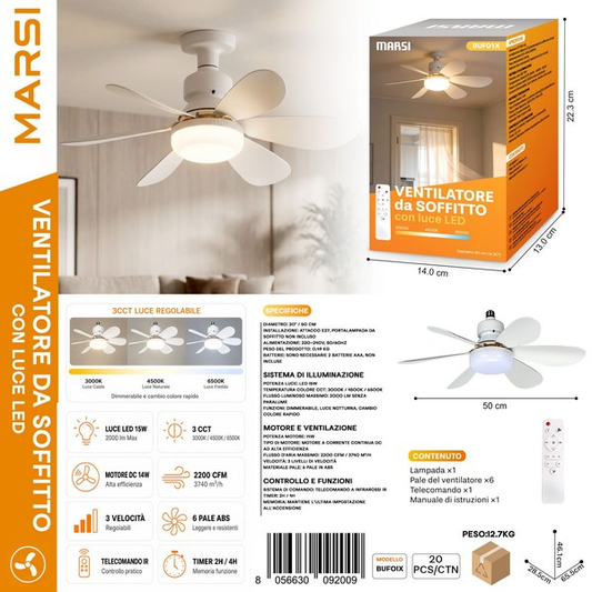 MARSI BUF01X Ventilatore da Soffitto con luce a LED 15W 50CM