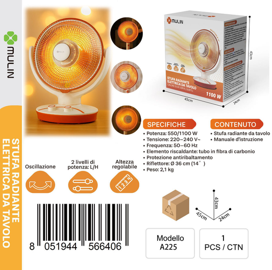 A225 STUFA RADIANTE ELETTRICA DA TAVOLO 1100W