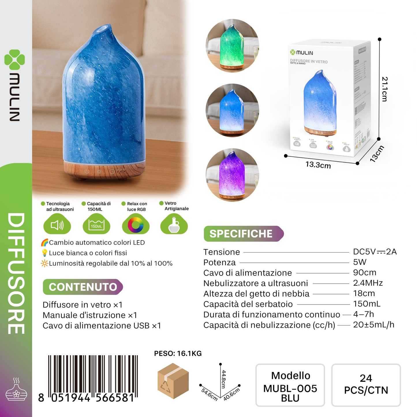 MUBL-005 Diffusore di Aromi in Vetro 150ml RGB