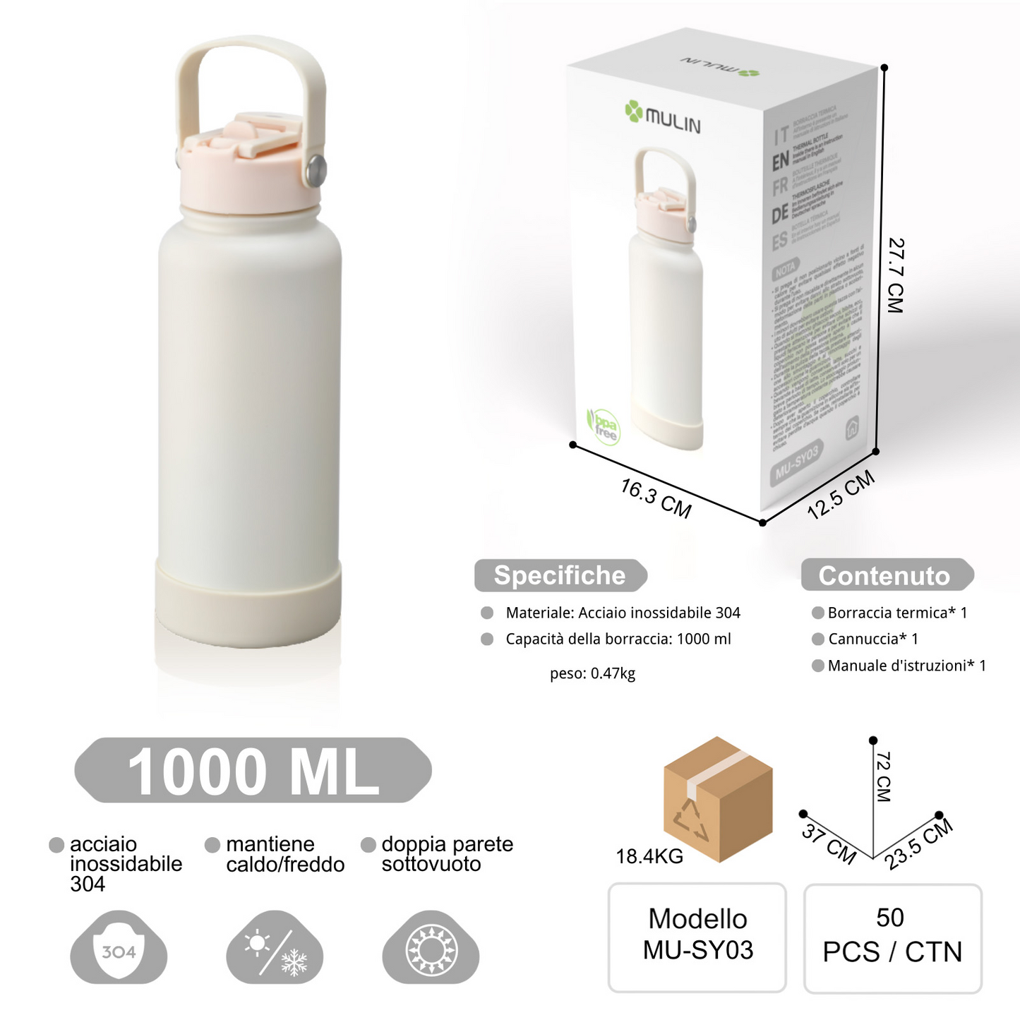 MU-SY03 Borraccia Termica A Doppia Parete con Maniglia 1L