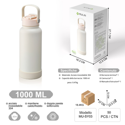 MU-SY03 Borraccia Termica A Doppia Parete con Maniglia 1L