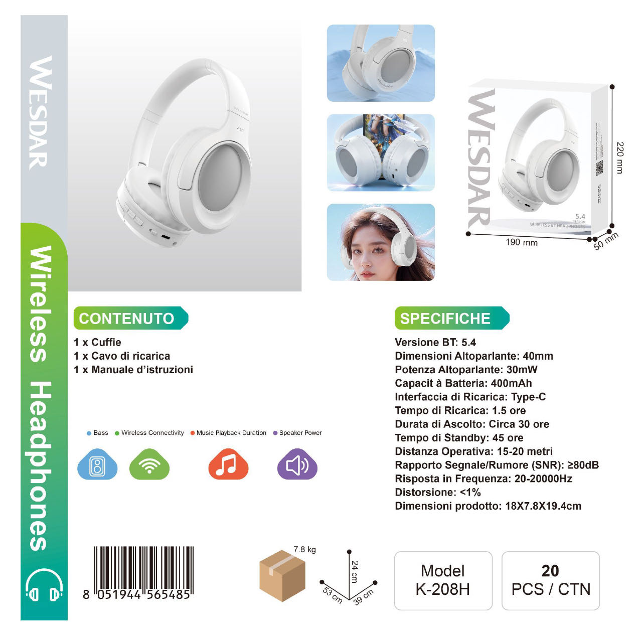 WESDAR K-208H Wireless Cuffie / Headphones BT 5.4