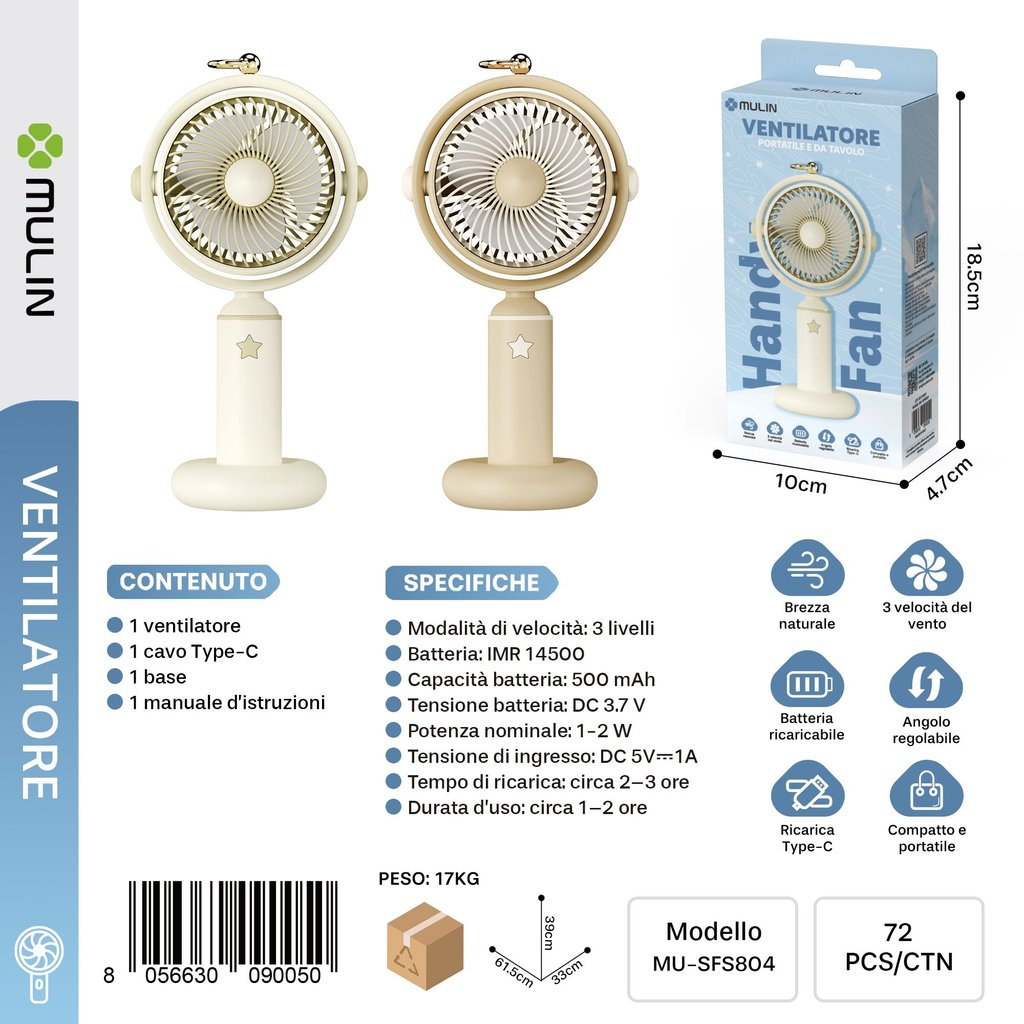 MU-SFS804 Ventilatore Portatile 500mAh