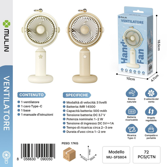 MU-SFS804 Ventilatore Portatile 500mAh