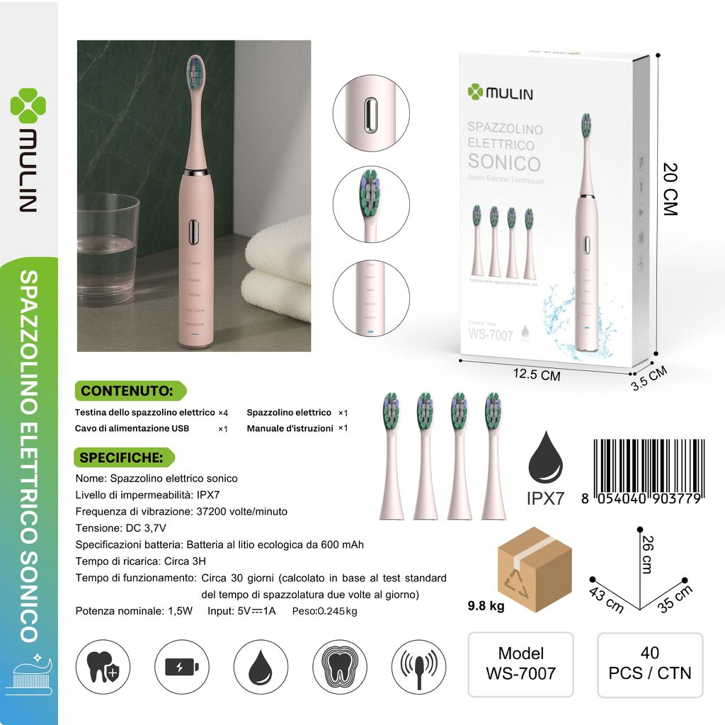 WS-7007 Spazzolino Elettrico per Denti con 3 Ricambi