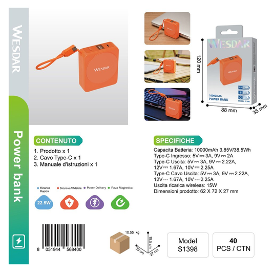 WESDAR S1398 Powerbank Magnetico 10000mAh (Arancione)