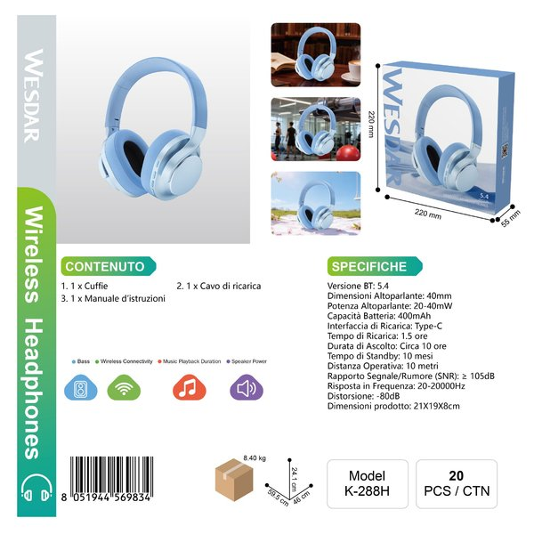 WESDAR K-288H Wireless Headphones Cuffie BT 5.4