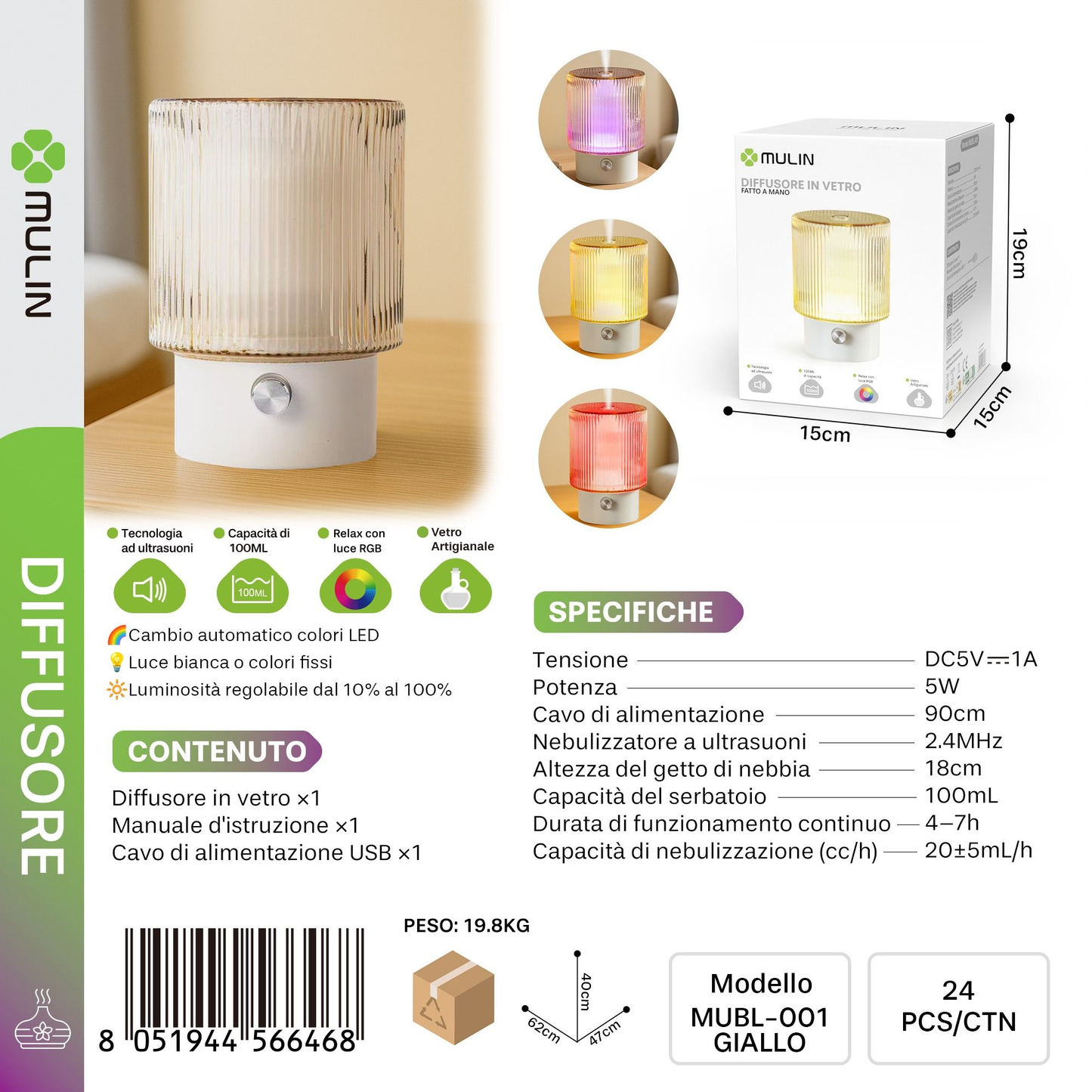 MUBL-001 Diffusore di Aromi in Vetro 100ml RGb