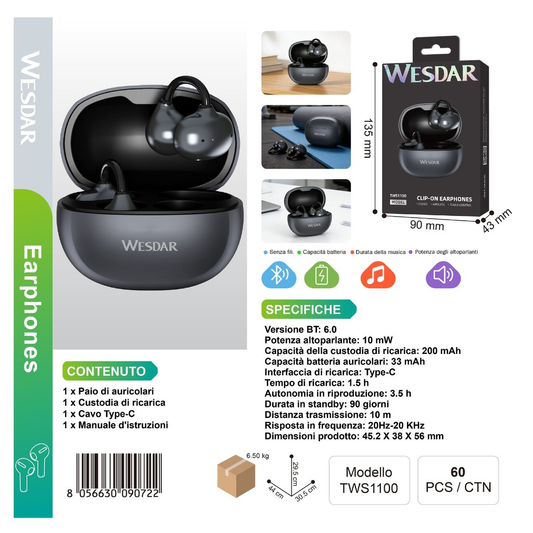 WESDAR TWS1100 Auricolari Bluetooth Nero