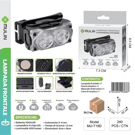 MU-T19D Lampada Frontale a LED Ricaribile con Sensore
