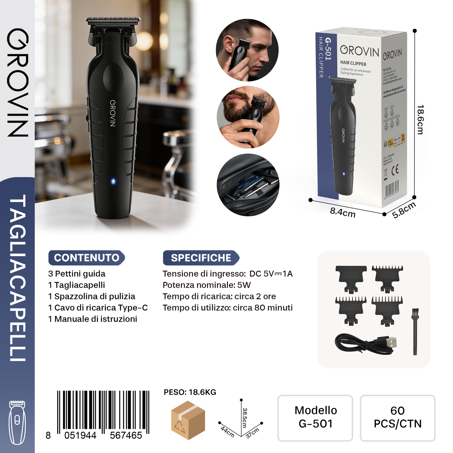 GROVIN G-501 Tagliacapelli con 3 Pettine di Ricambi