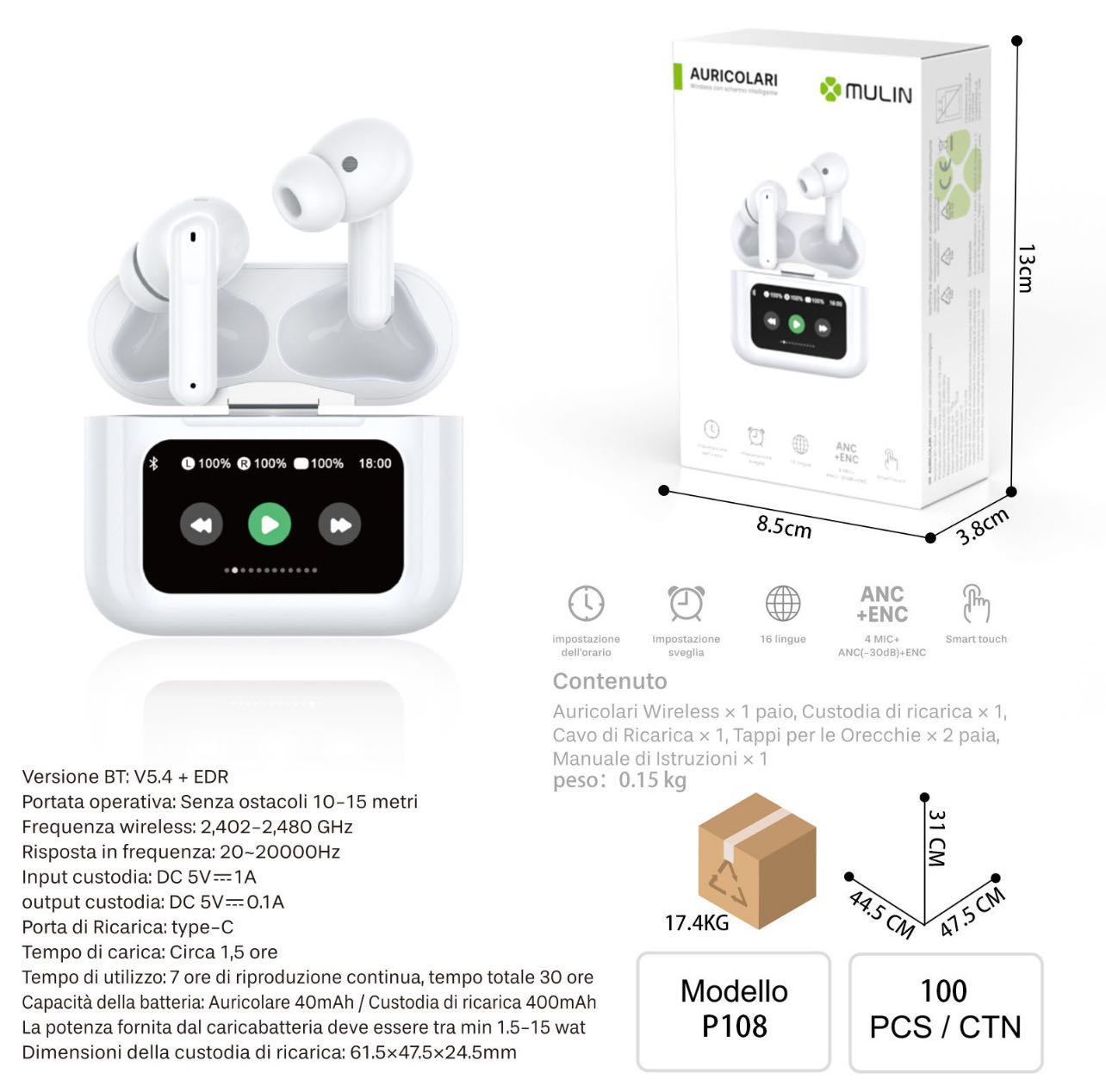 Auricolare Bluetooth P108 con Cancellazione Rumore, Smart Touch