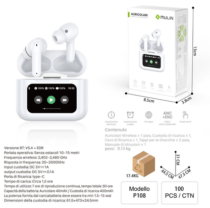 Auricolare Bluetooth P108 con Cancellazione Rumore, Smart Touch