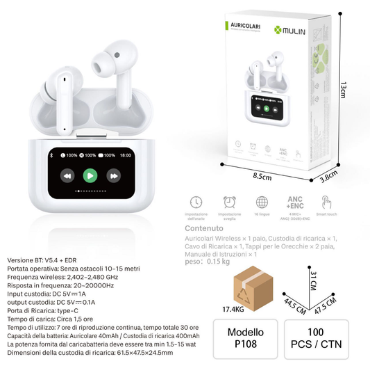 Auricolare Bluetooth P108 con Cancellazione Rumore, Smart Touch