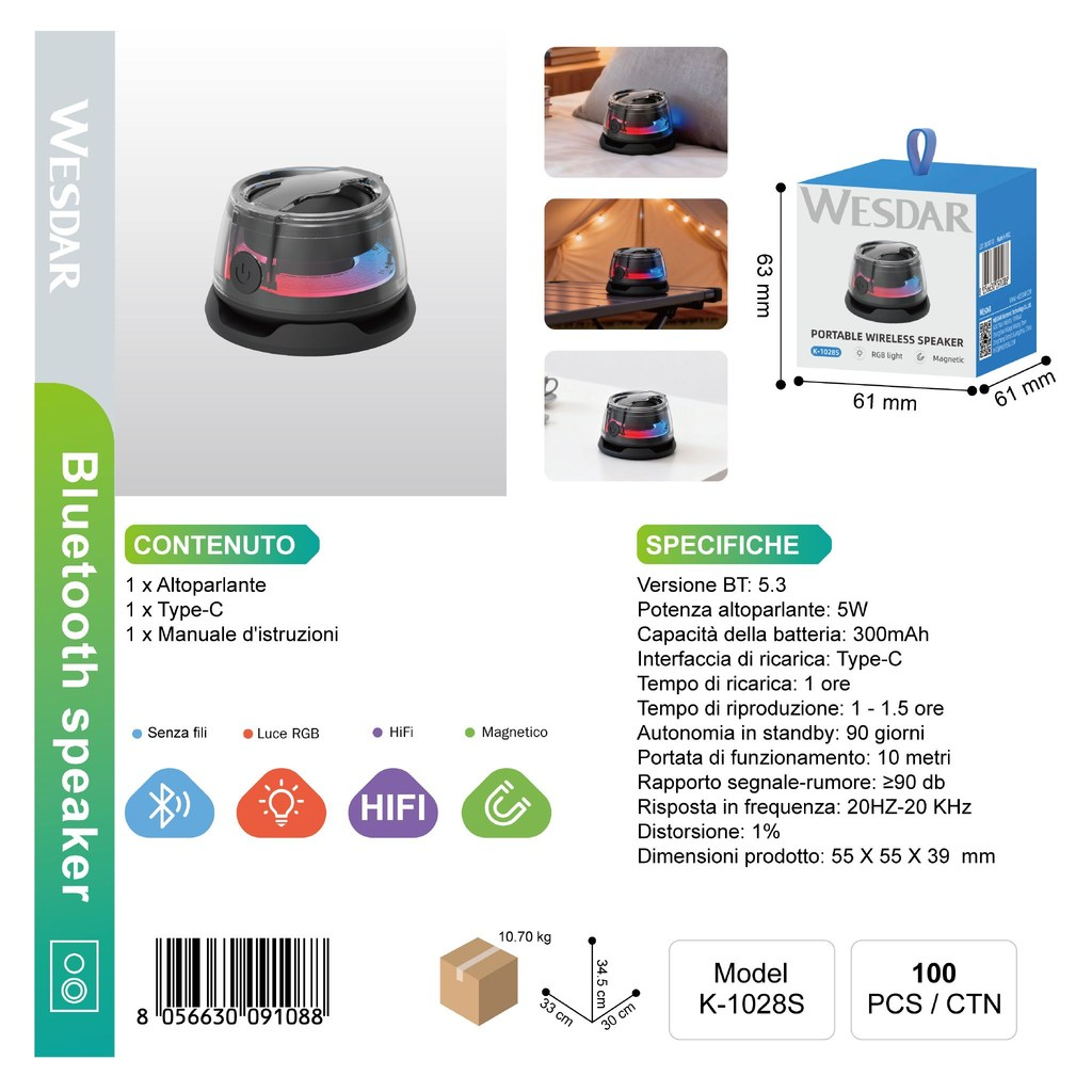 WESDAR K-1028S Altoparlante Portatile e Magnetico