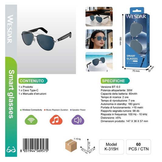 WESDAR K-315H Occhiali Smart Bluettooth (Grigio-Blu)
