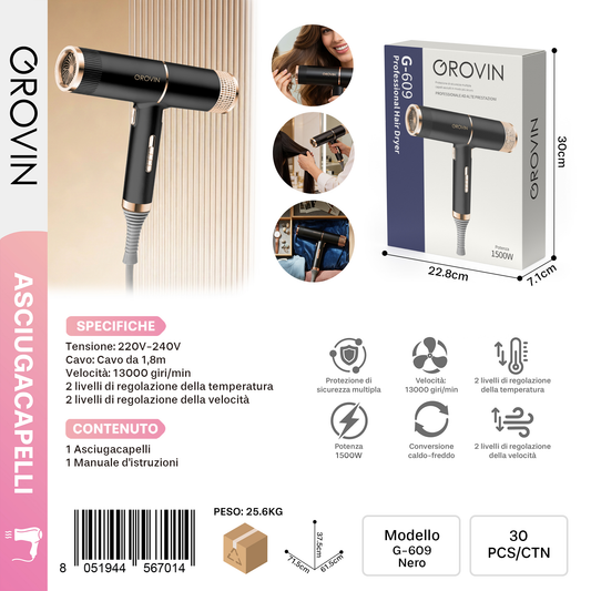 GROVIN G-609 Asciugacapelli ad Alta Prestazione 1500w Nero
