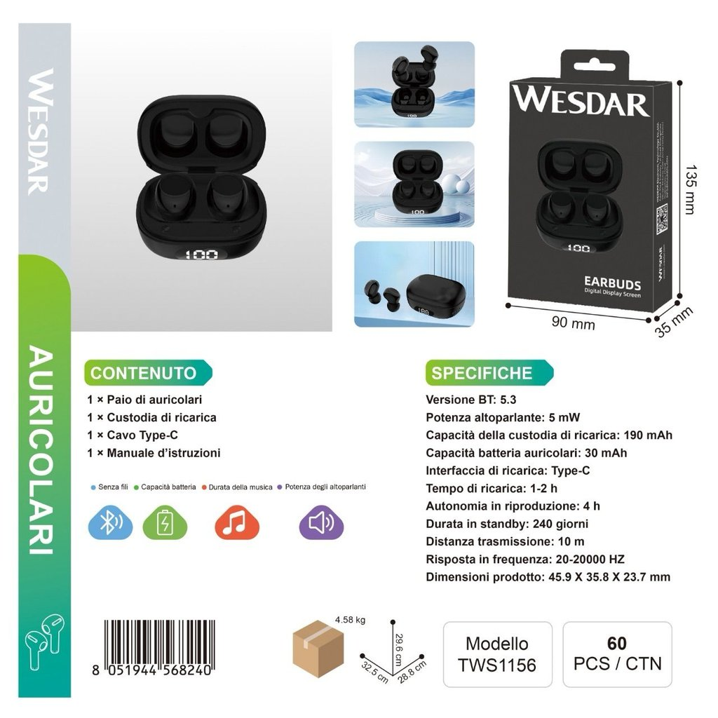 WESDAR TWS1156 Auricolari Wireless