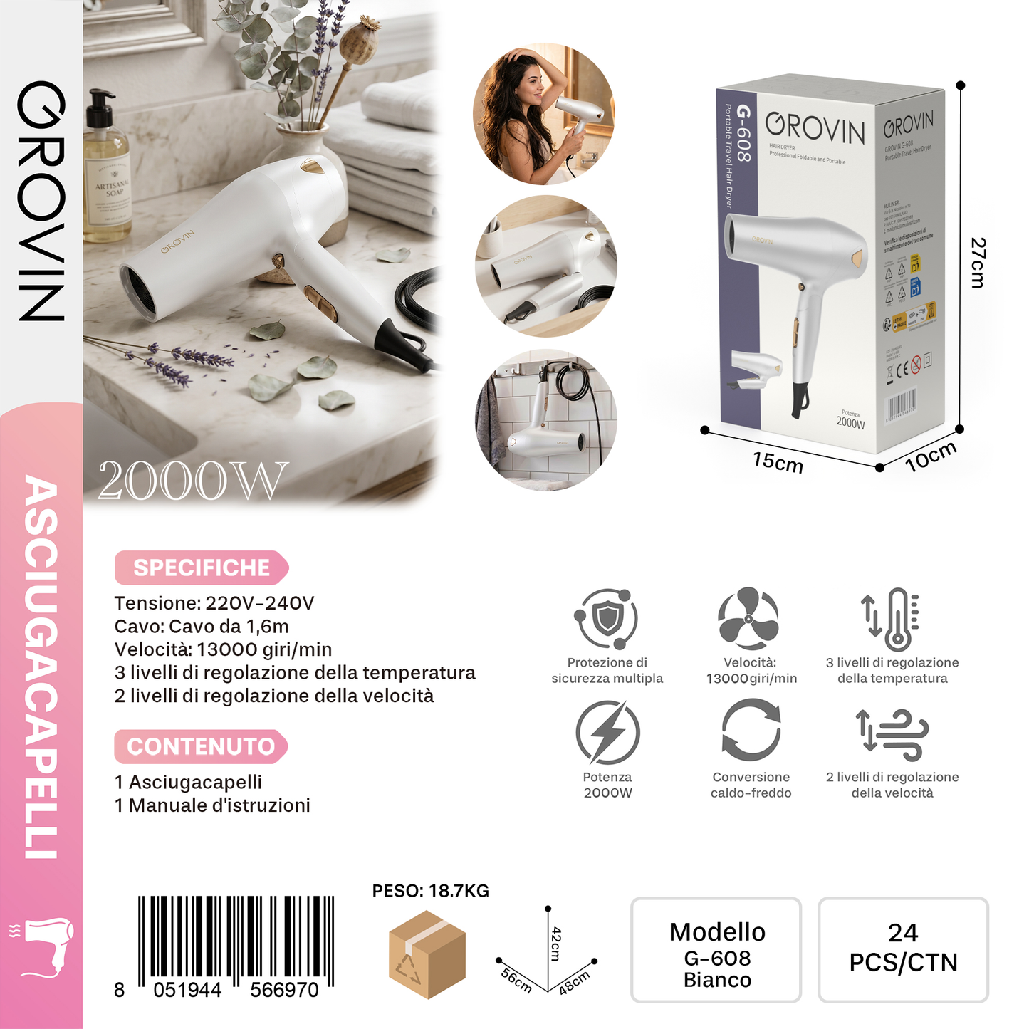 GROVIN G-608 Asciugacapelli 2000w Bianco