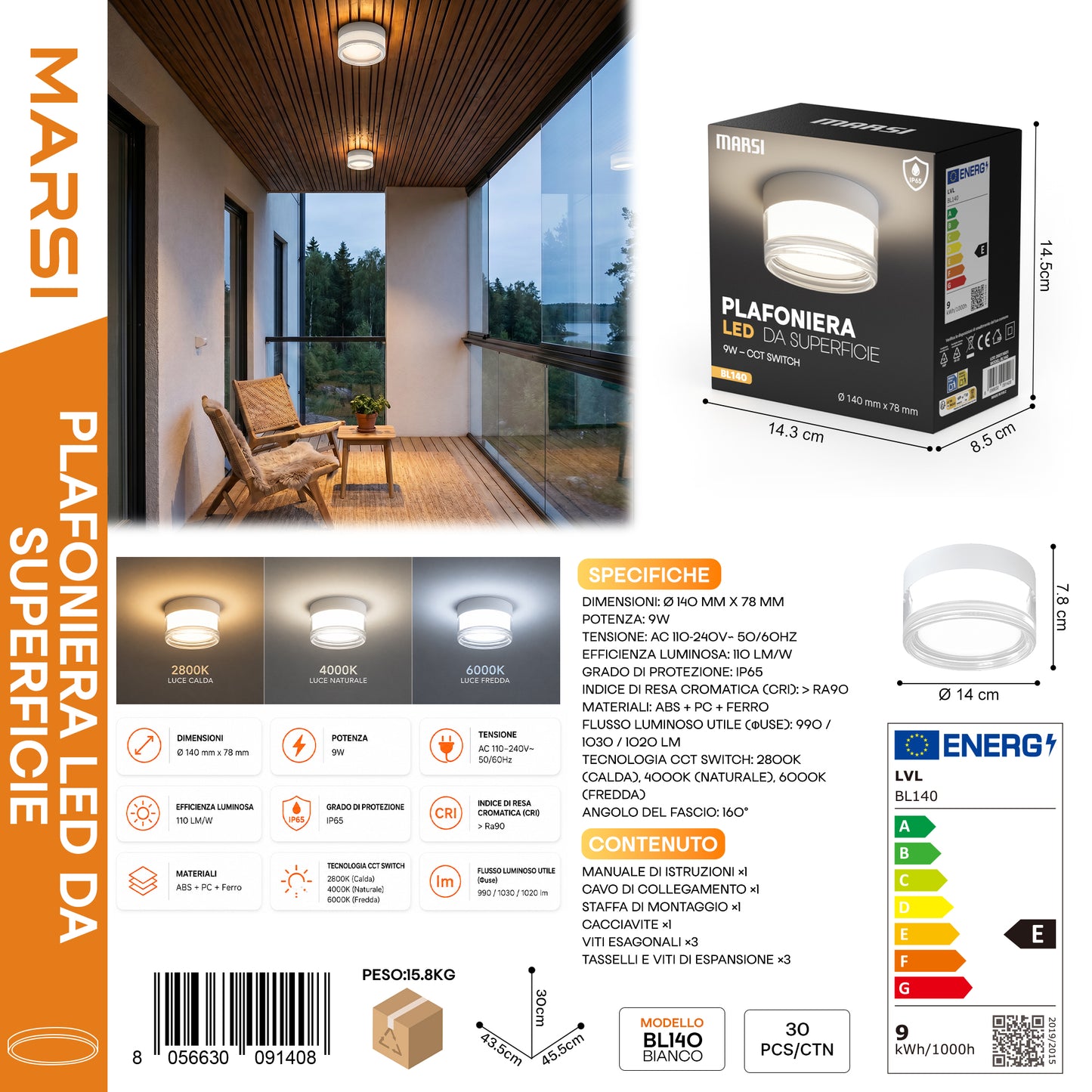 MARSI BL140 Plafoniera LED da Superfice Bianco