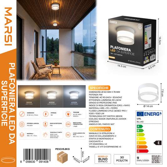 MARSI BL140 Plafoniera LED da Superfice Bianco