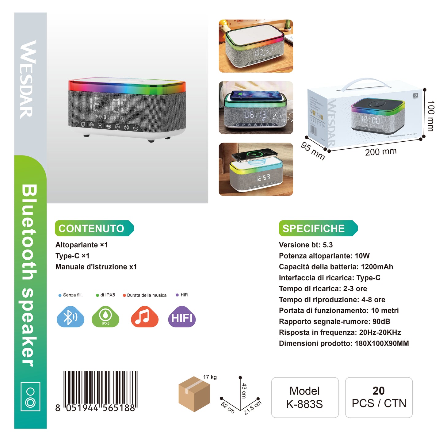 WESDAR K-883S Altoparlante RGB LED IPX5 10W 1200mAh con Ricarica