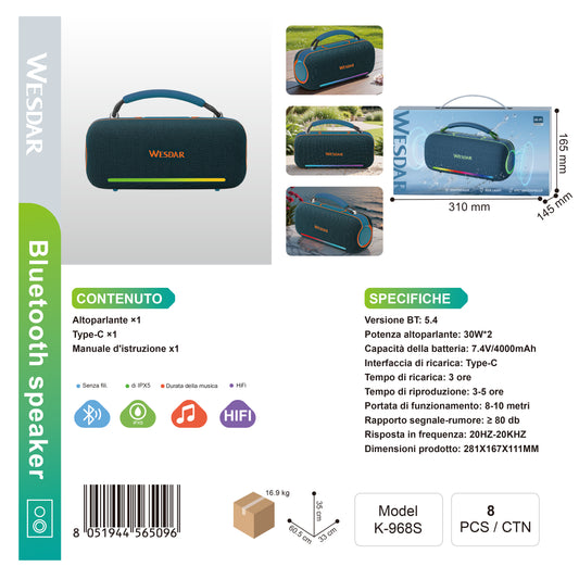 WESDAR K-968S Altoparlante Bluetooth 30W*2 4000mAh IPX5