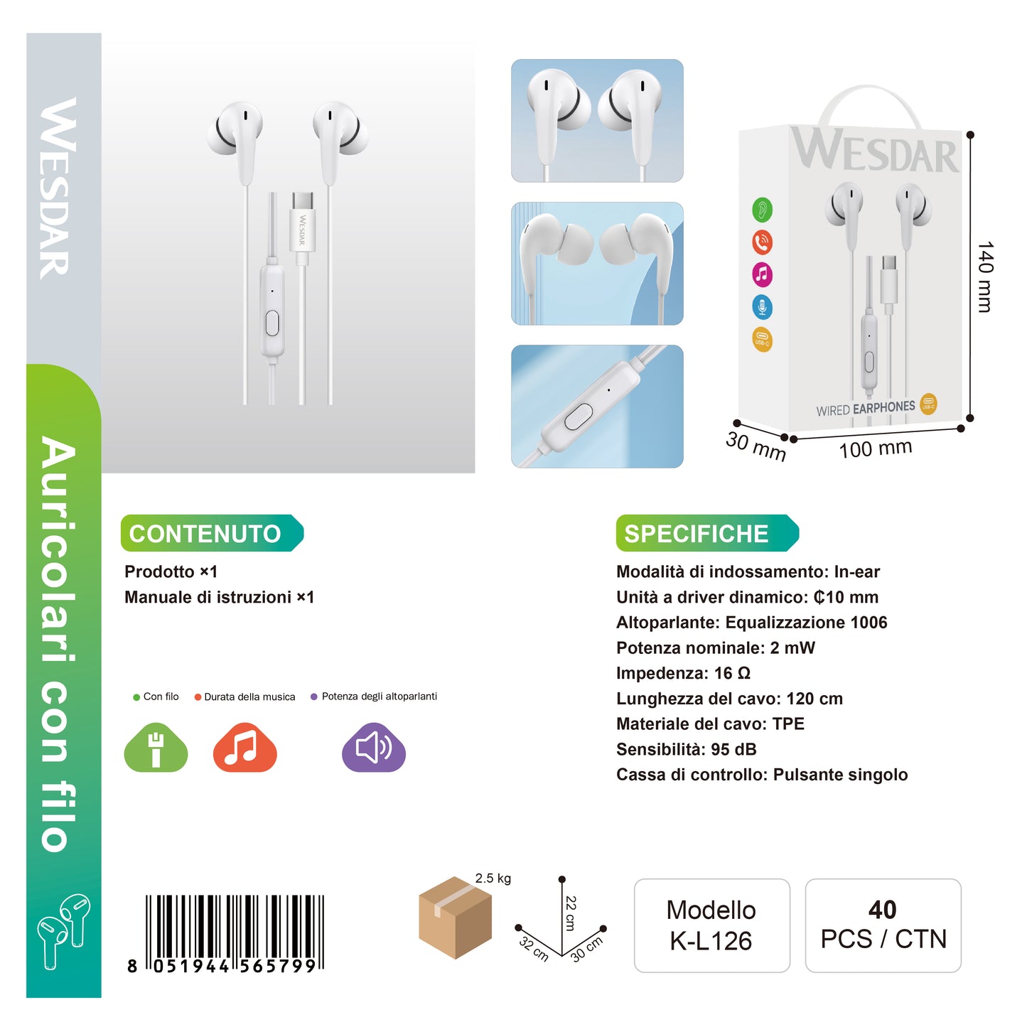 WESDAR K-L126 Auricolari Cablata Type-C