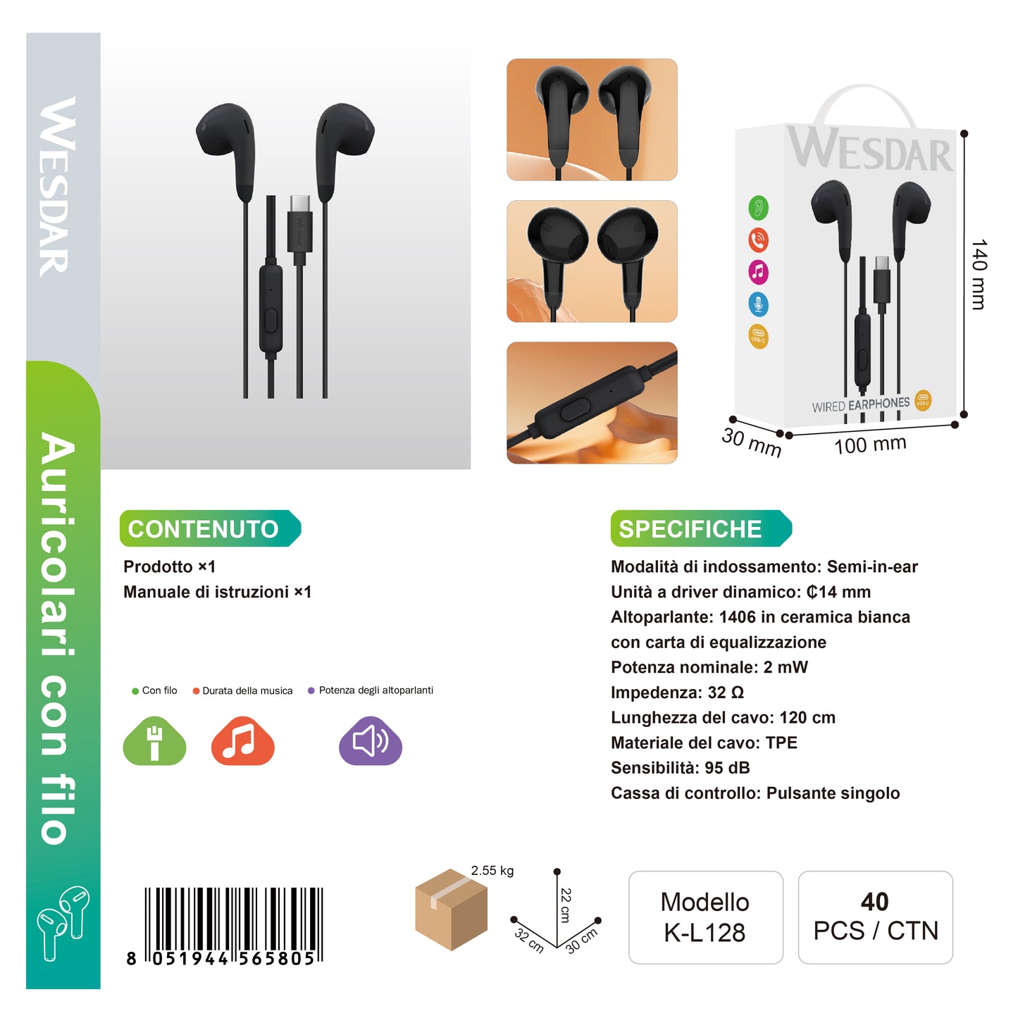 WESDAR K-L128 Auricolare Cablata Type-C