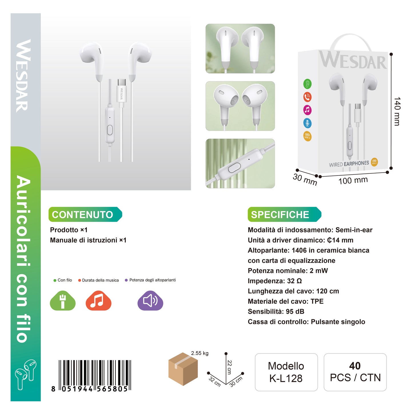 WESDAR K-L128 Auricolare Cablata Type-C