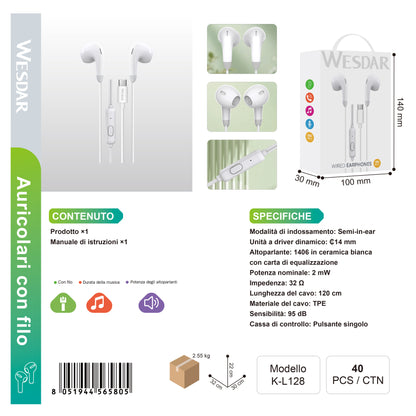 WESDAR K-L128 Auricolare Cablata Type-C
