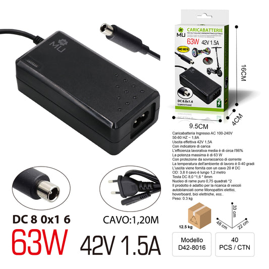 D42-8016 Caricabatteria per Monopattini, Scooter e Bici Elettrici