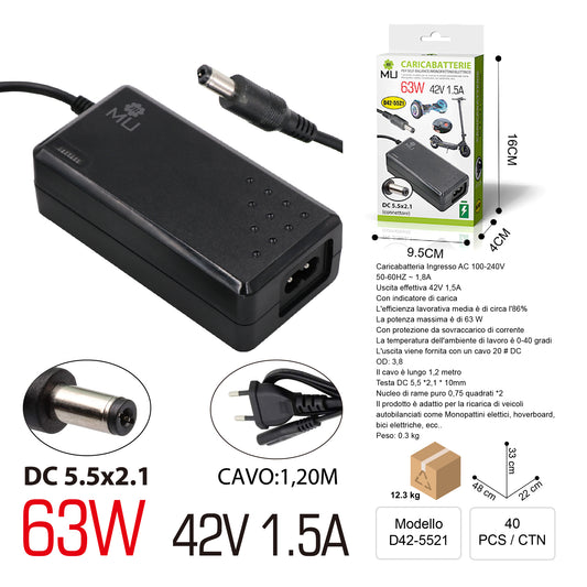 D42-5521 Caricabatteria per Monopattini, Scooter e Bici Elettrici