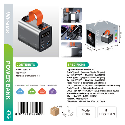WESDAR S606 Powerbank 100w 60000mAh con 4 Porte Ingresso/Uscita