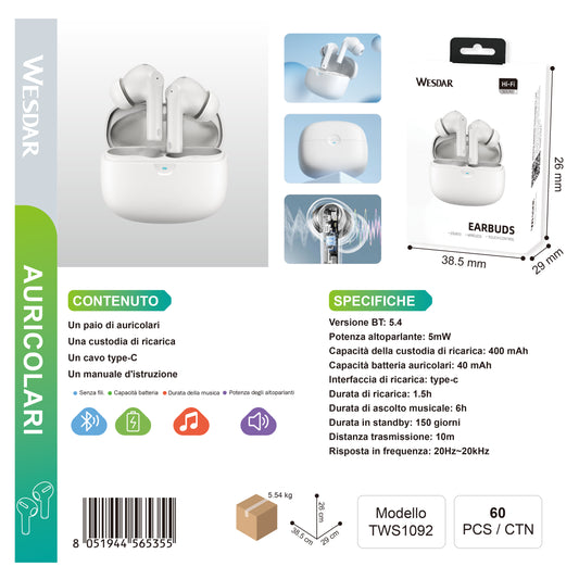 WESDAR TWS1092 Auricolari 400mAh Hi-Fi, B.T 5.4