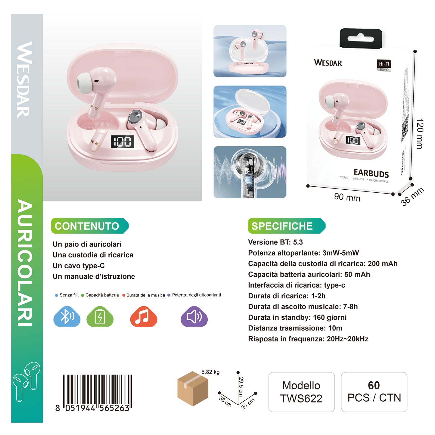 WESDAR TWS662 Auricolari Bluetooth 200 mAh
