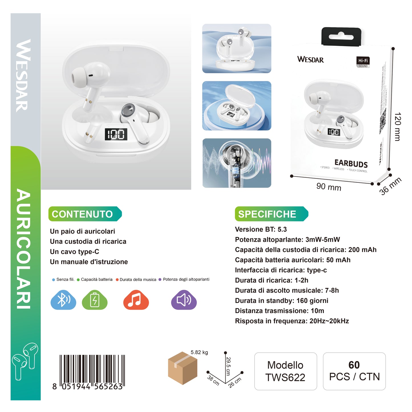 WESDAR TWS662 Auricolari Bluetooth 200 mAh
